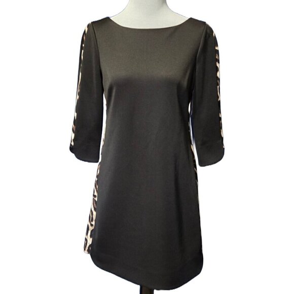Vince Camuto Leopard Panel Dress 4 NWT Black Animal Print Quiet Luxury Cocktail - Picture 1 of 9